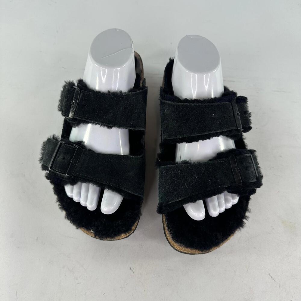 Birkenstock Arizona Shearling Sandals Sz 8 Black Suede Lined Buckle Shoes - Picture 3 of 12